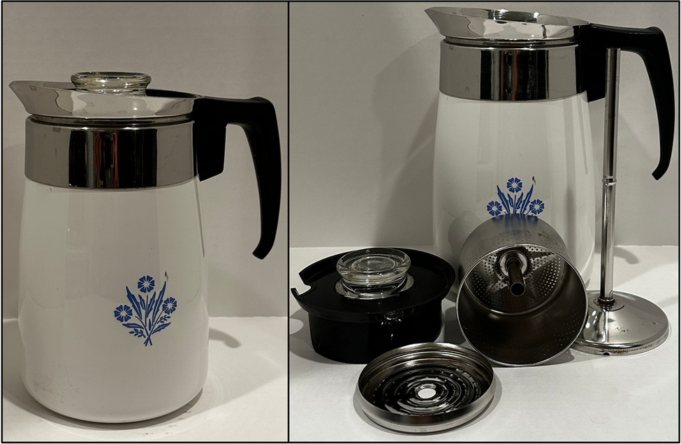 Collage of two pictures of a percolator. Left is outside view, right is view of internal parts.