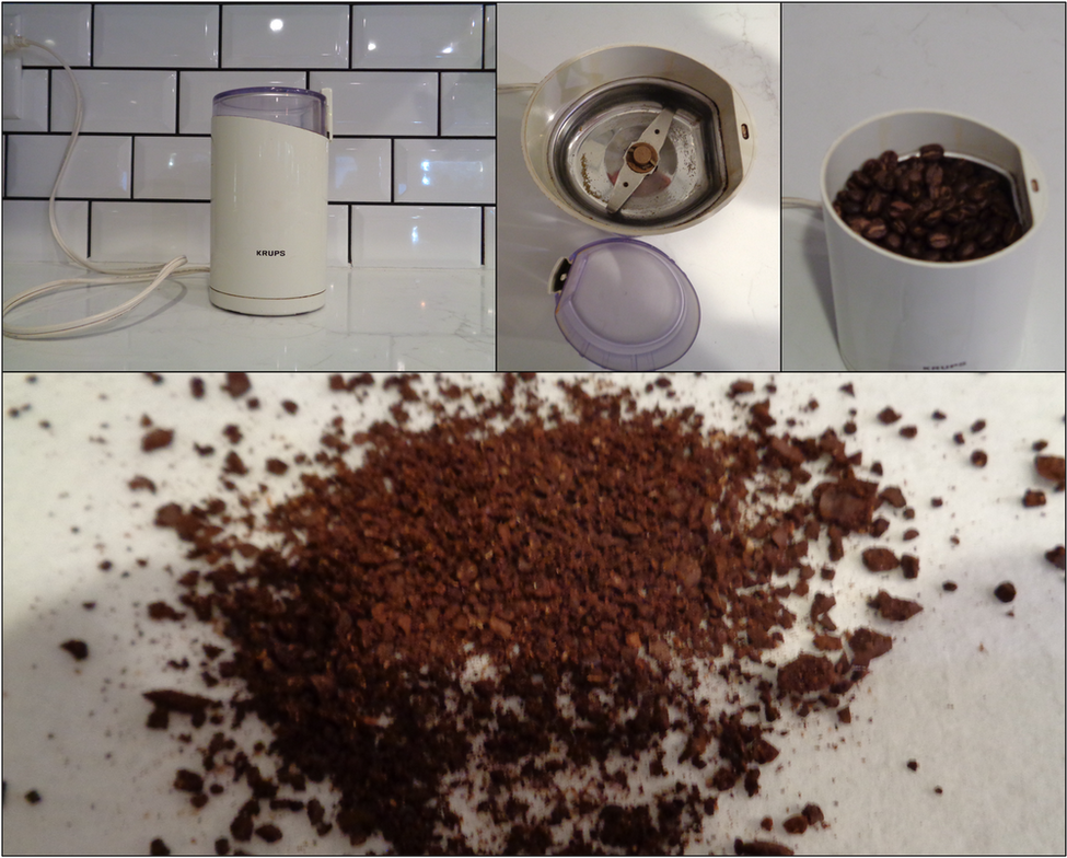 Collage of Krups blade coffee grinder pictures showing outside, inside and nonuniform grind quality by Aurora's Cup Coffee