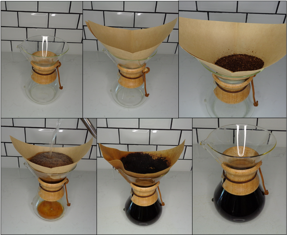 Collage of a Chemex at various points in the brewing process.