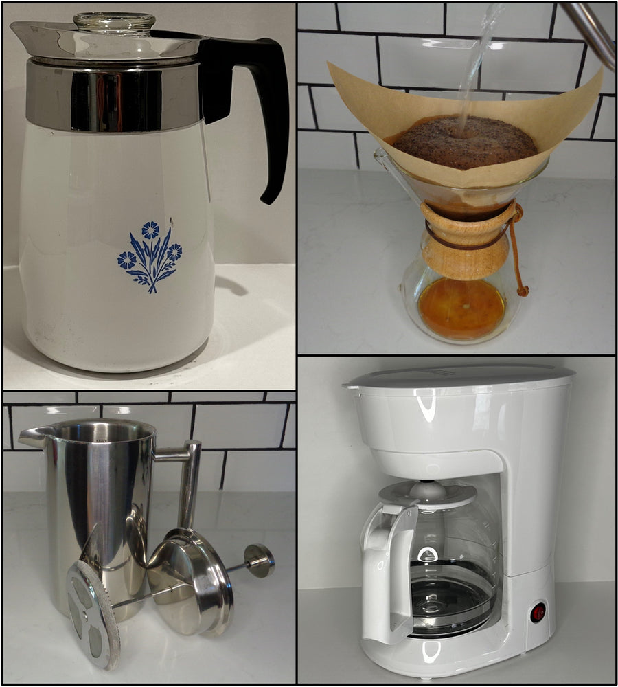 Collage of four different coffee makers - percolator, Chemex, French press and auotmatic drip maker.