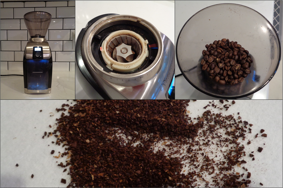 Collage of Baratza conical coffee grinder pictures showing outside, inside and uniform grind quality by Aurora's Cup Coffee