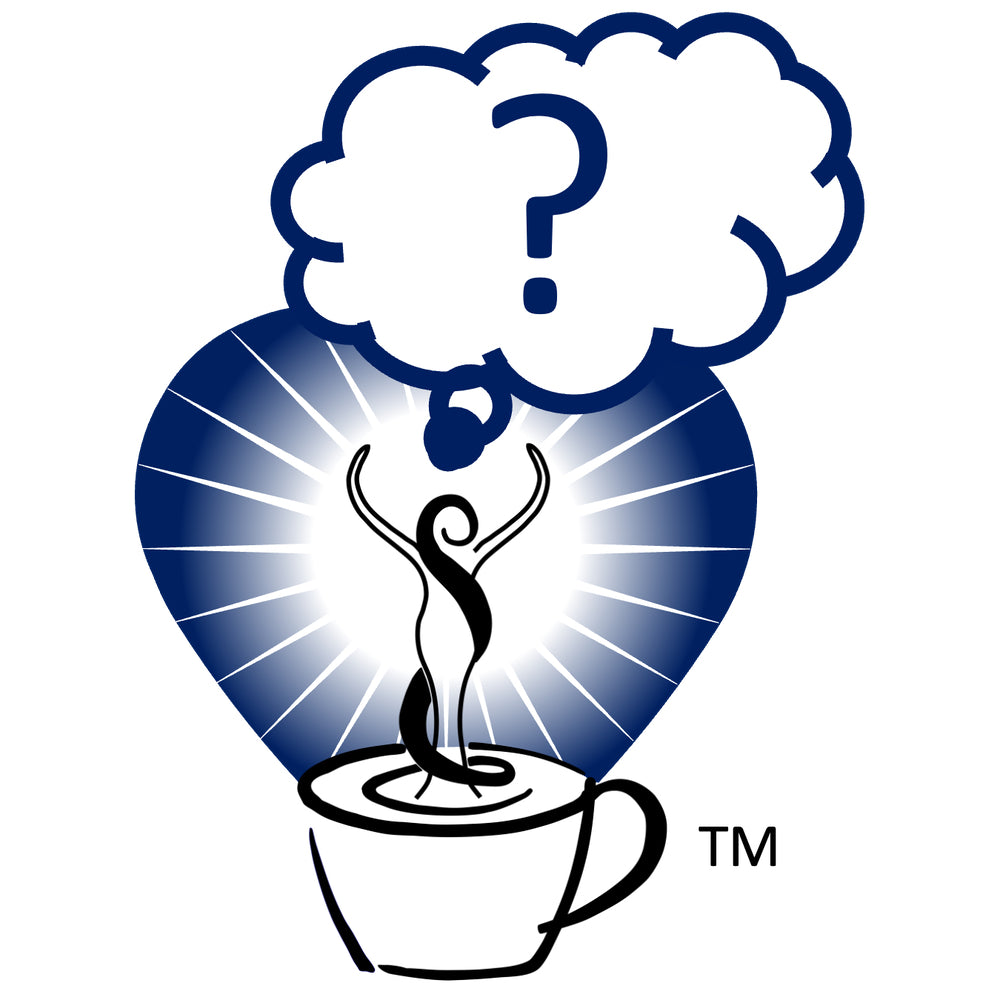 Aurora's Cup Coffee logo with a thought bubble with a question mark.
