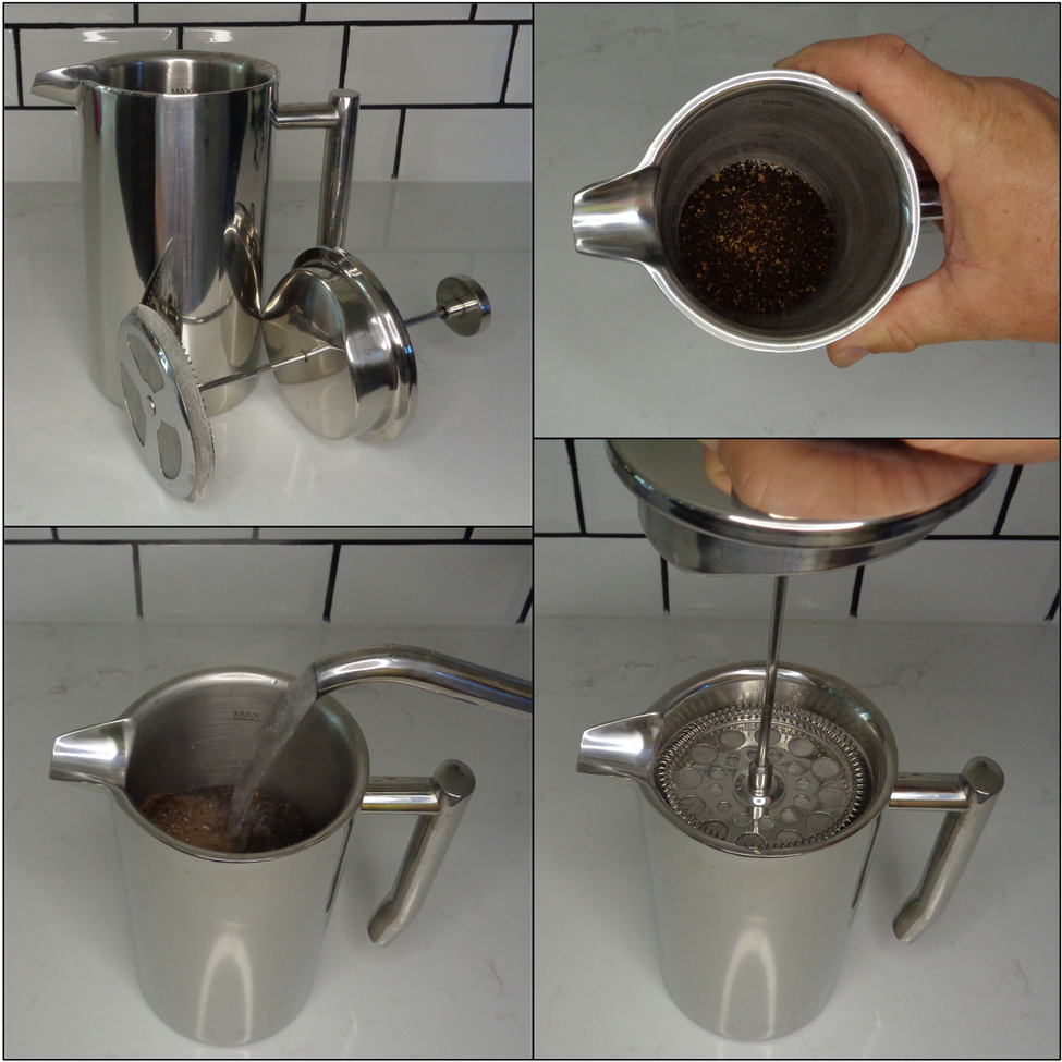 A collage of French press pictures showing the steps in the brewing process.