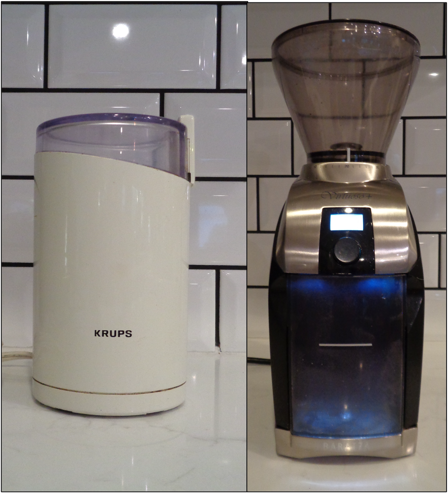 Picture collage of a Krups blade coffee grinder and a Baratza conical coffee grinder by Auroras Cup Coffee