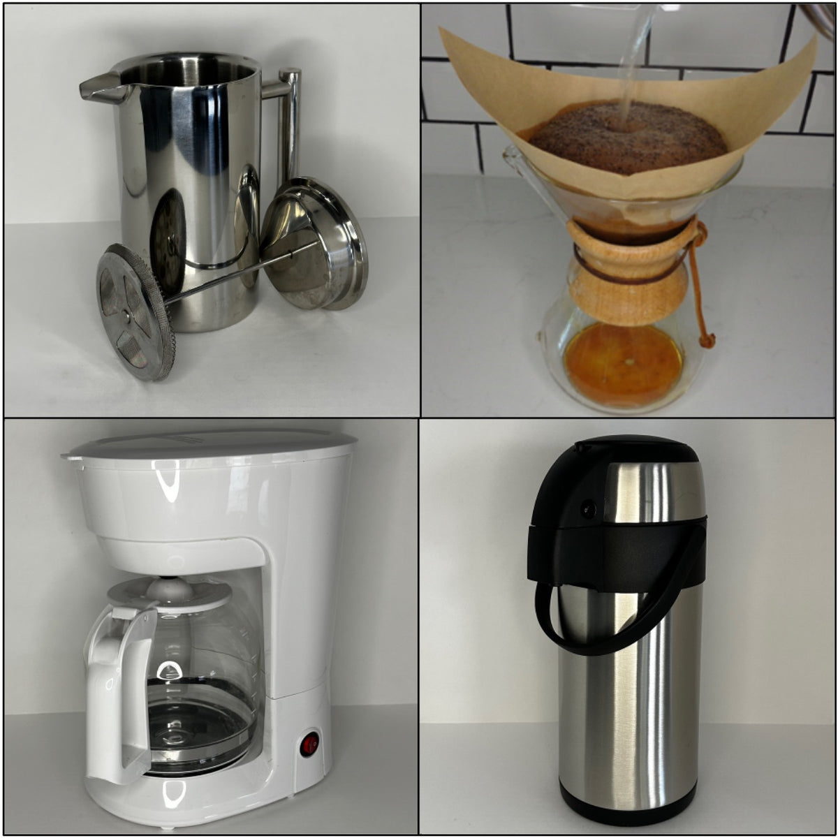 Picture collage of French press, Chemex, auto-drip maker and insulated carafe